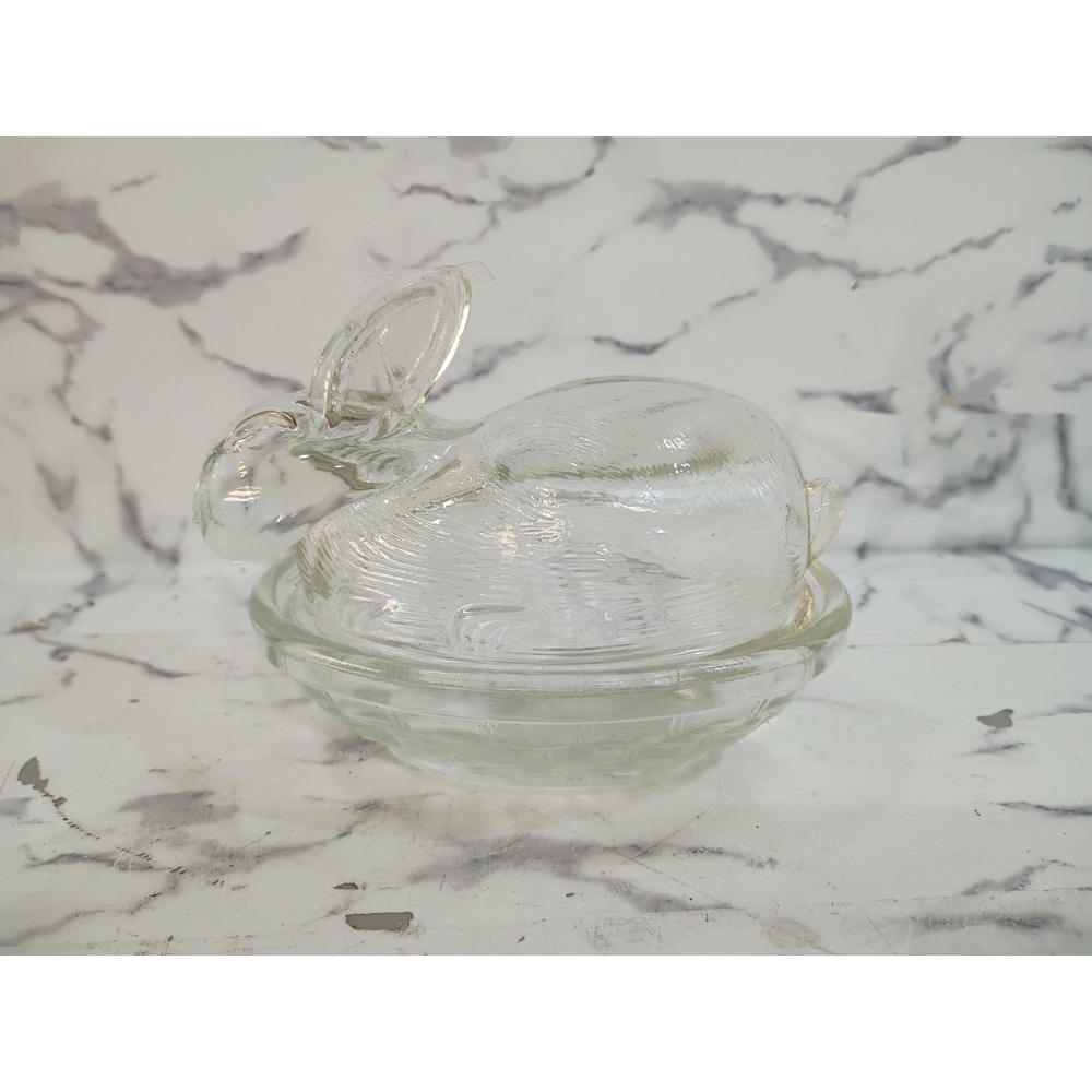 Indiana Glass Bunny/Rabbit On A Nest Covered Candy Dish Clear Glass Vtg